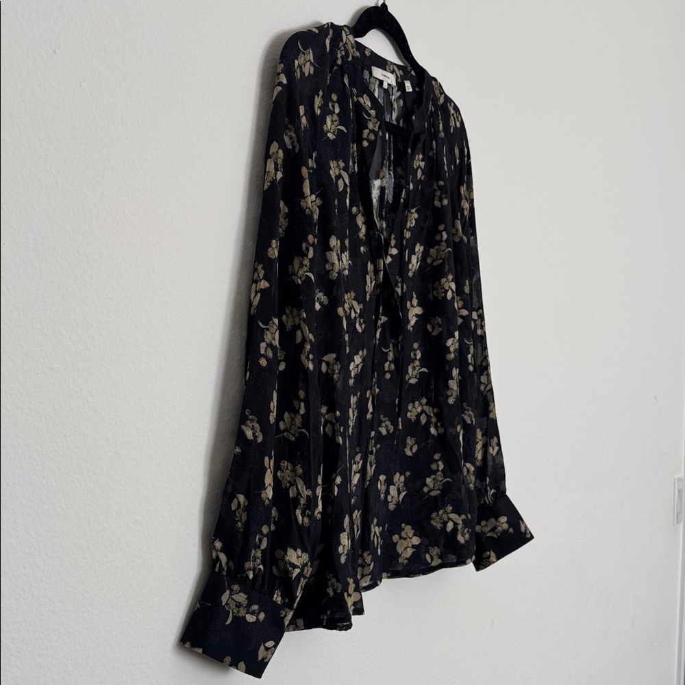 Vince Dandelion Poet Blouse Gathered Floral Print Silk Crepon Black Printed Top - Picture 9 of 13